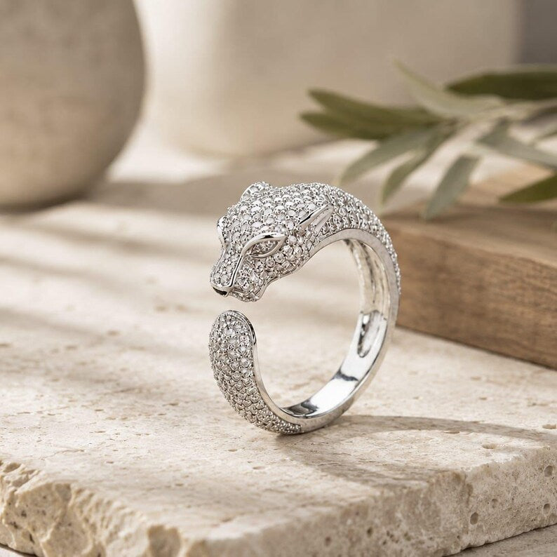 Iced Out Panther Head Open Cuff Ring