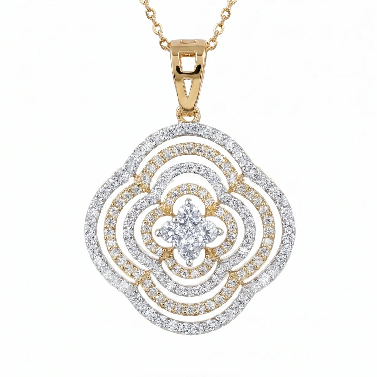 Round Floral Halo Diamond Pendant Necklace in 925 Sterling Silver | Two-Tone Openwork Flower Medallion Pendant