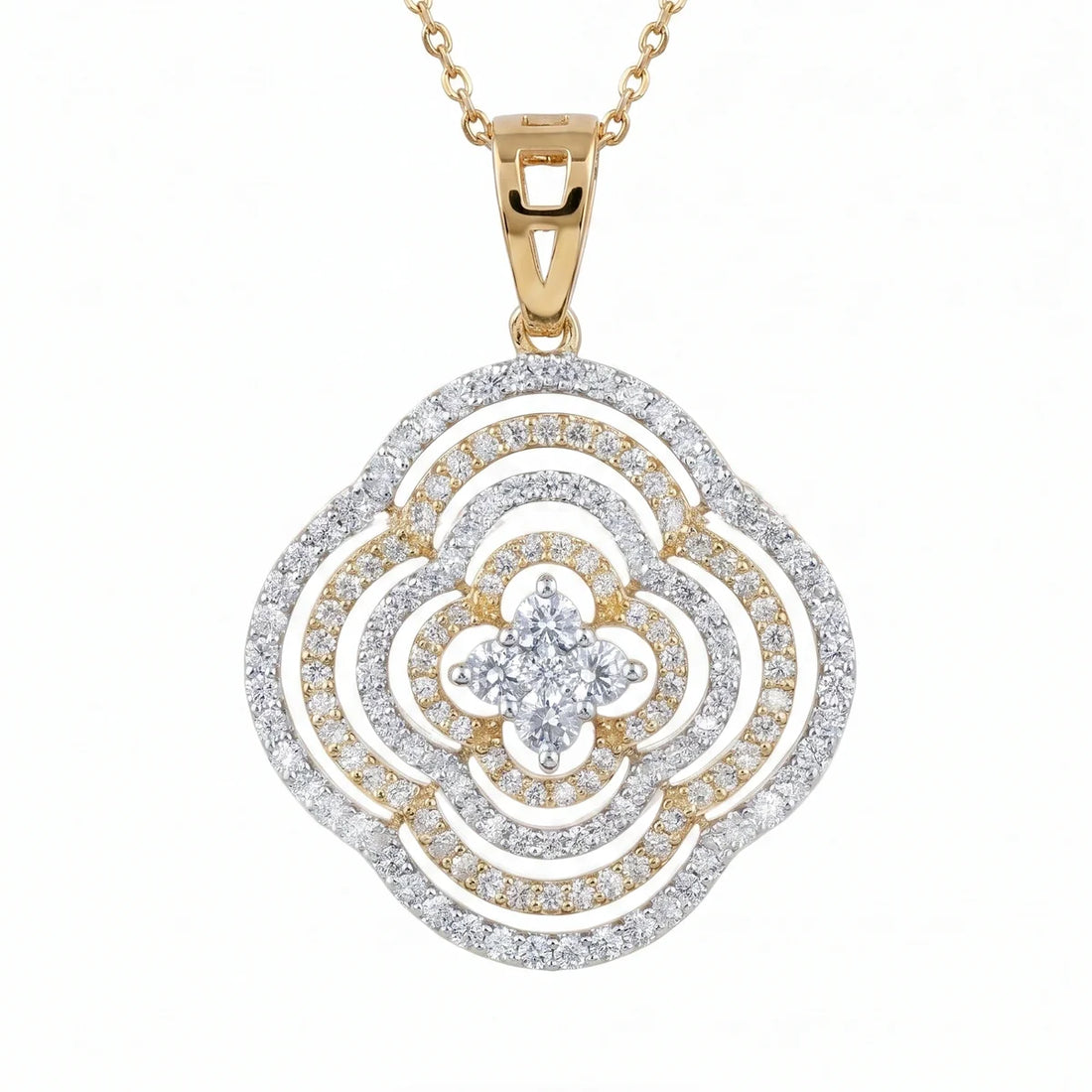 Round Floral Halo Diamond Pendant Necklace in 925 Sterling Silver | Two-Tone Openwork Flower Medallion Pendant