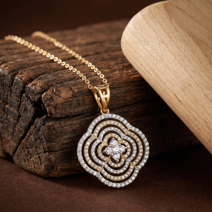 Round Floral Halo Diamond Pendant Necklace in 925 Sterling Silver | Two-Tone Openwork Flower Medallion Pendant