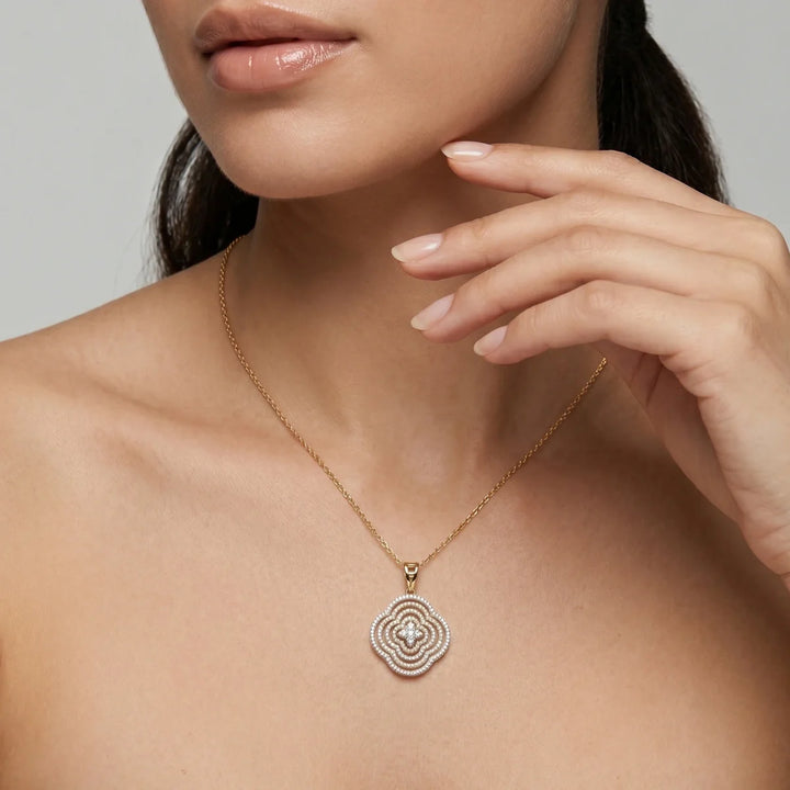 Round Floral Halo Diamond Pendant Necklace in 925 Sterling Silver | Two-Tone Openwork Flower Medallion Pendant