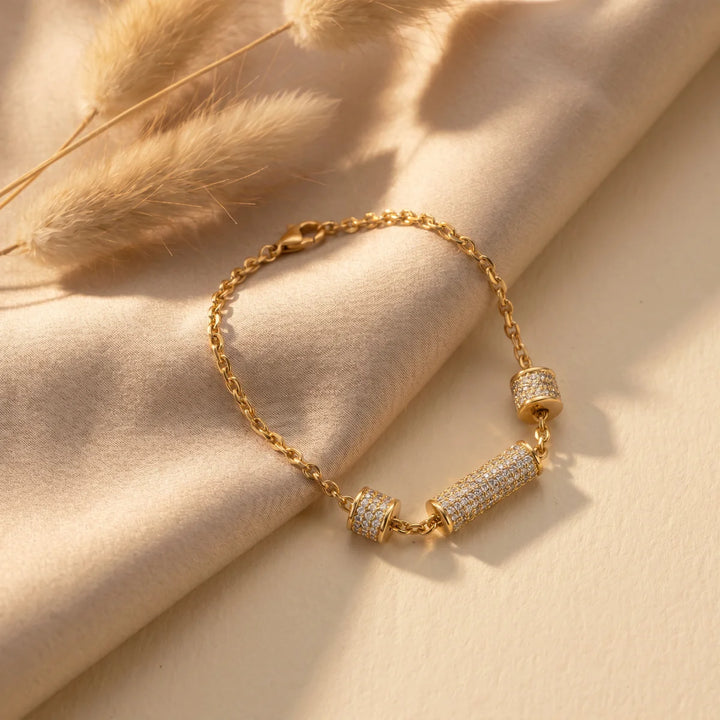Luxury Diamond Pavé Barrel Bead Chain Bracelet in 925 Sterling Silver