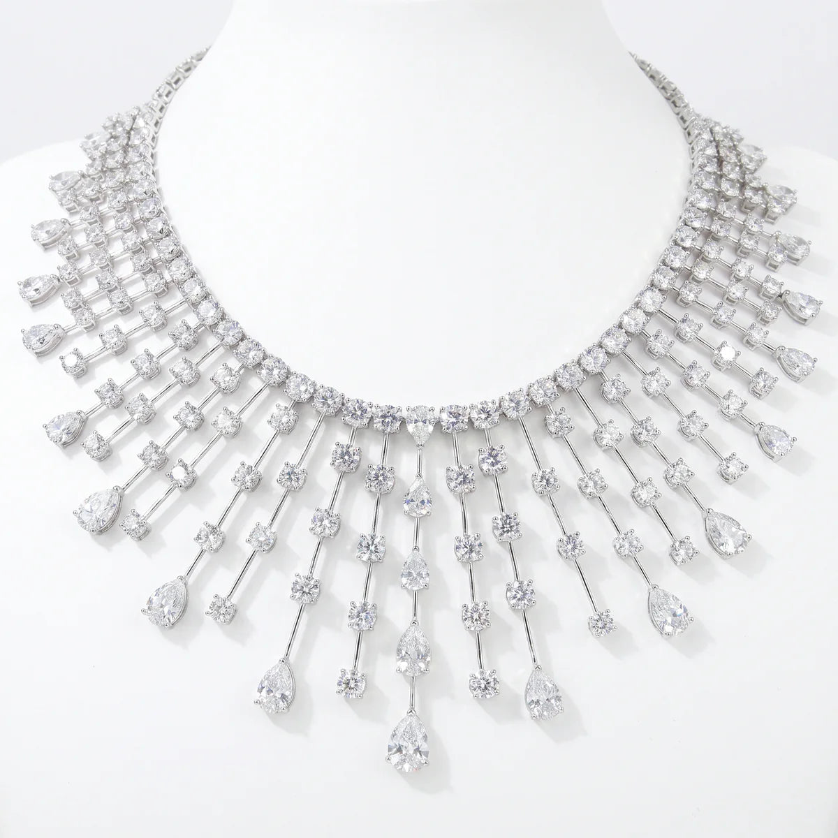 Royal Cascade Diamond CZ Waterfall Bib Necklace in White Gold / Sterling Silver