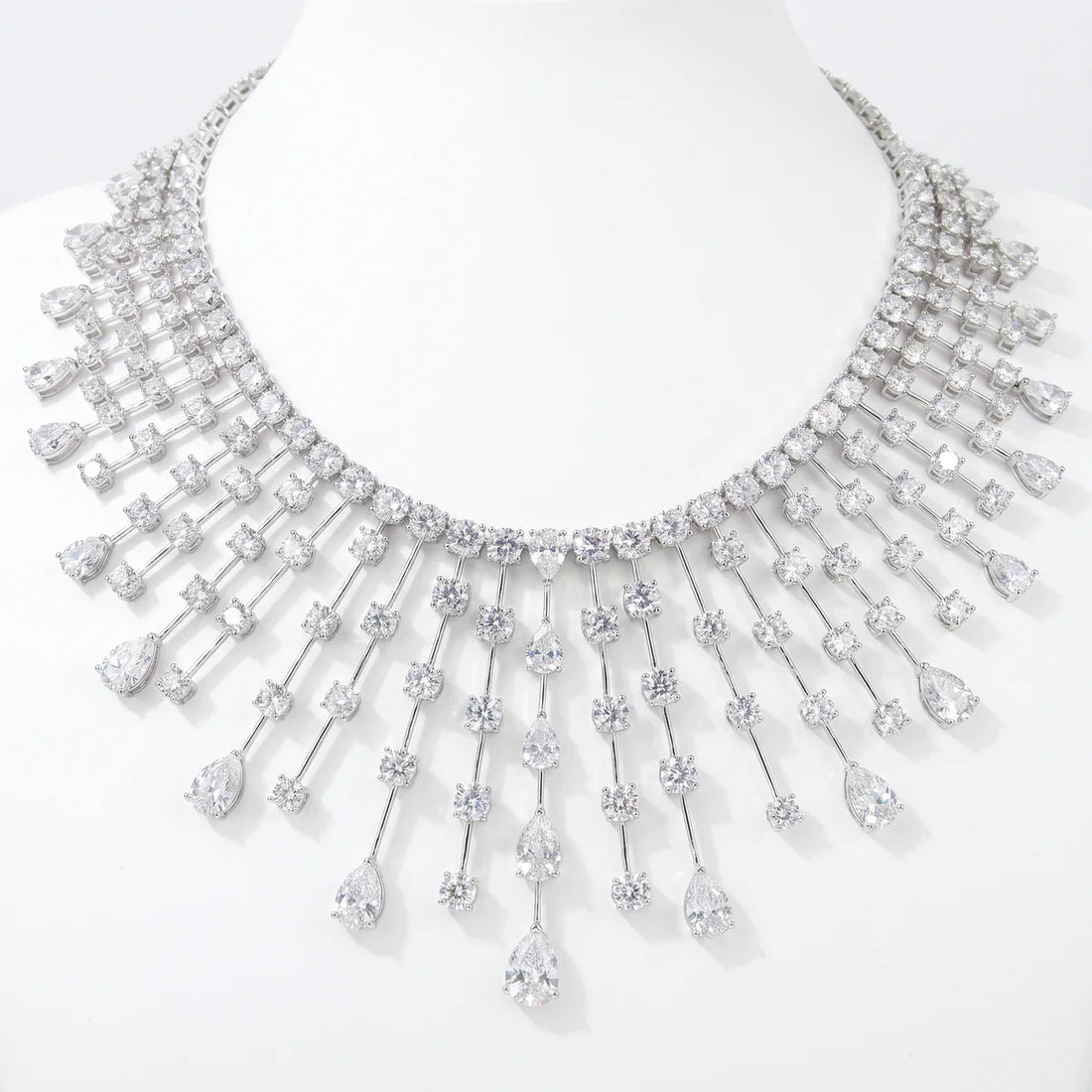 Royal Cascade Diamond CZ Waterfall Bib Necklace in White Gold / Sterling Silver