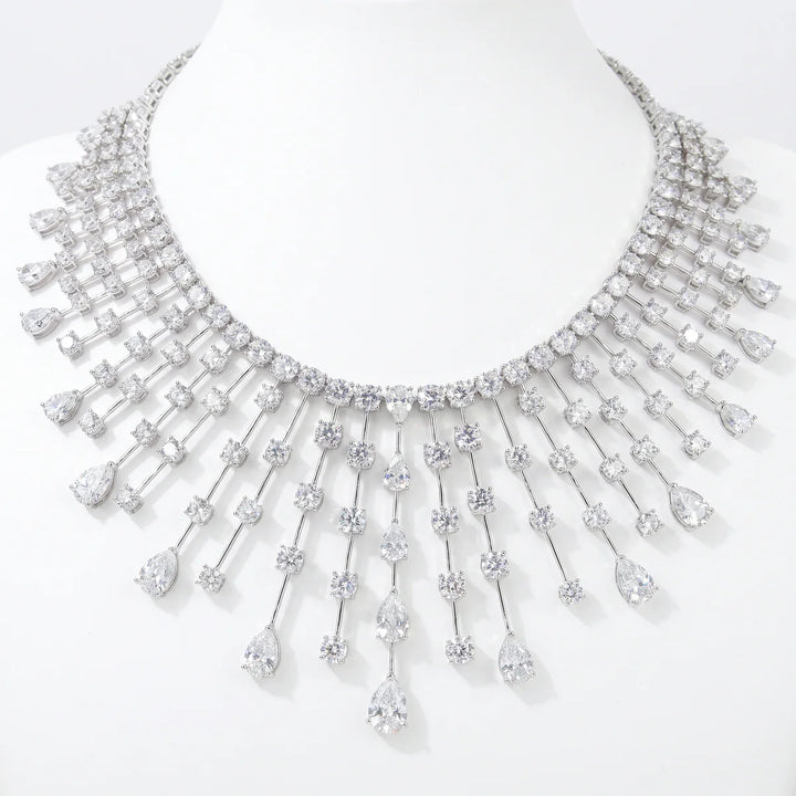 Royal Cascade Diamond CZ Waterfall Bib Necklace in White Gold / Sterling Silver