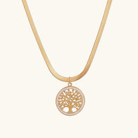 Tree of Life Disc Pendant Herringbone Necklace in 10K / 14K / 18K Yellow Gold