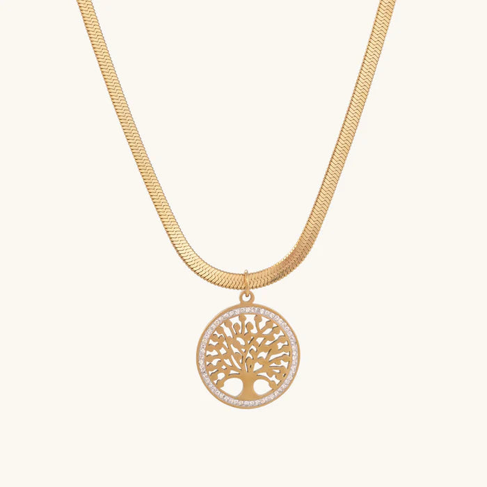 Tree of Life Disc Pendant Herringbone Necklace in 10K / 14K / 18K Yellow Gold
