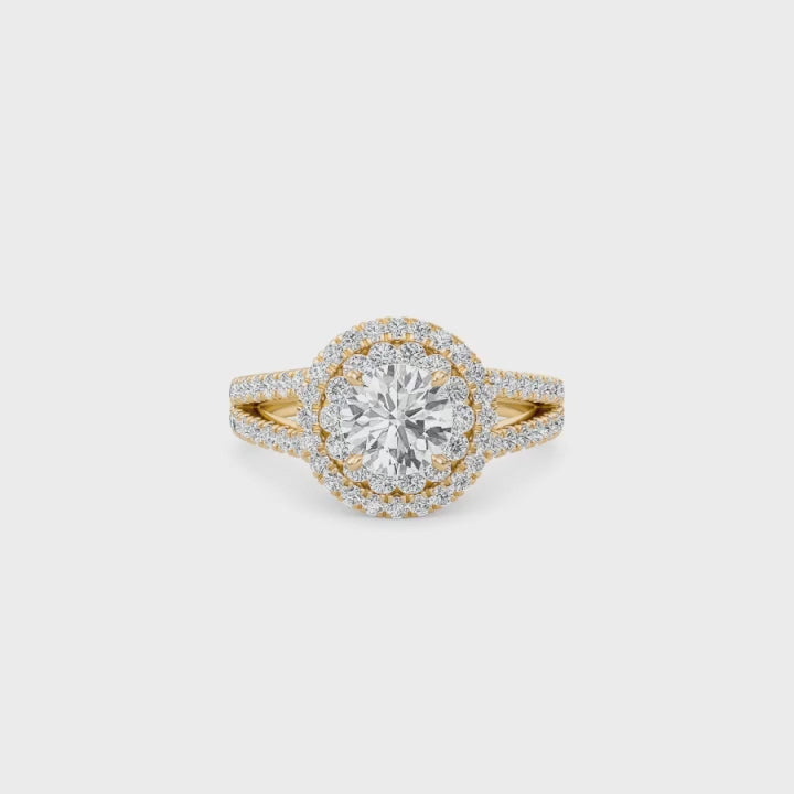 Round Double Halo Diamond Engagement Ring | Solid Yellow Gold | Pavé Split Shank | Classic Halo Setting