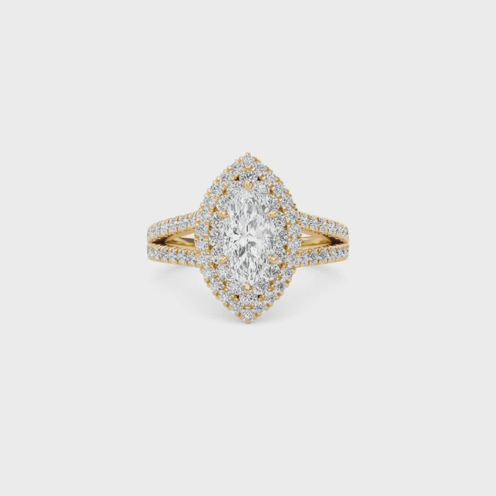 Marquise Cut Double Halo Diamond Engagement Ring | Solid Yellow Gold | Pavé Split Shank | Vintage Halo Ring