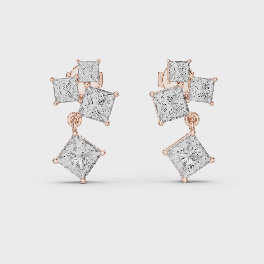 Crest Cluster Princess Diamond Dangle Earrings