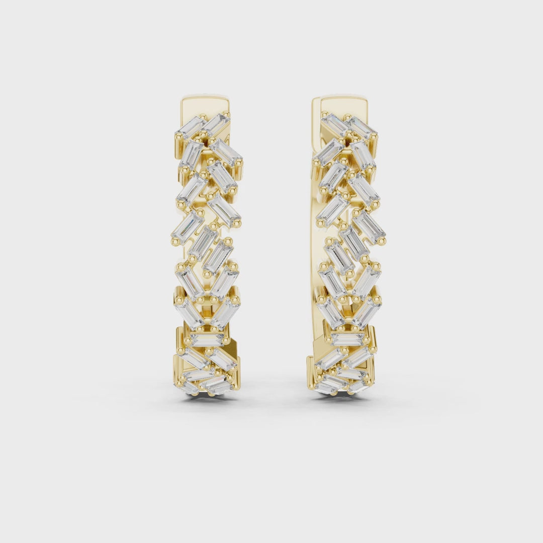 Chevron Baguette Emerald Diamond Hoop Earrings