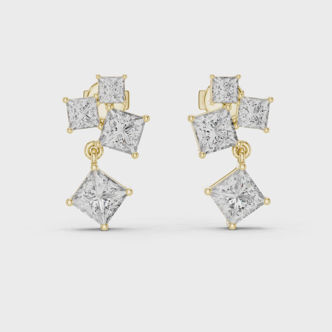 Crest Cluster Princess Diamond Dangle Earrings
