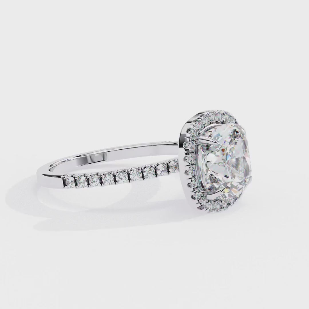 Cushion Cut Halo Diamond Engagement Ring with Pavé Band in Yellow Gold