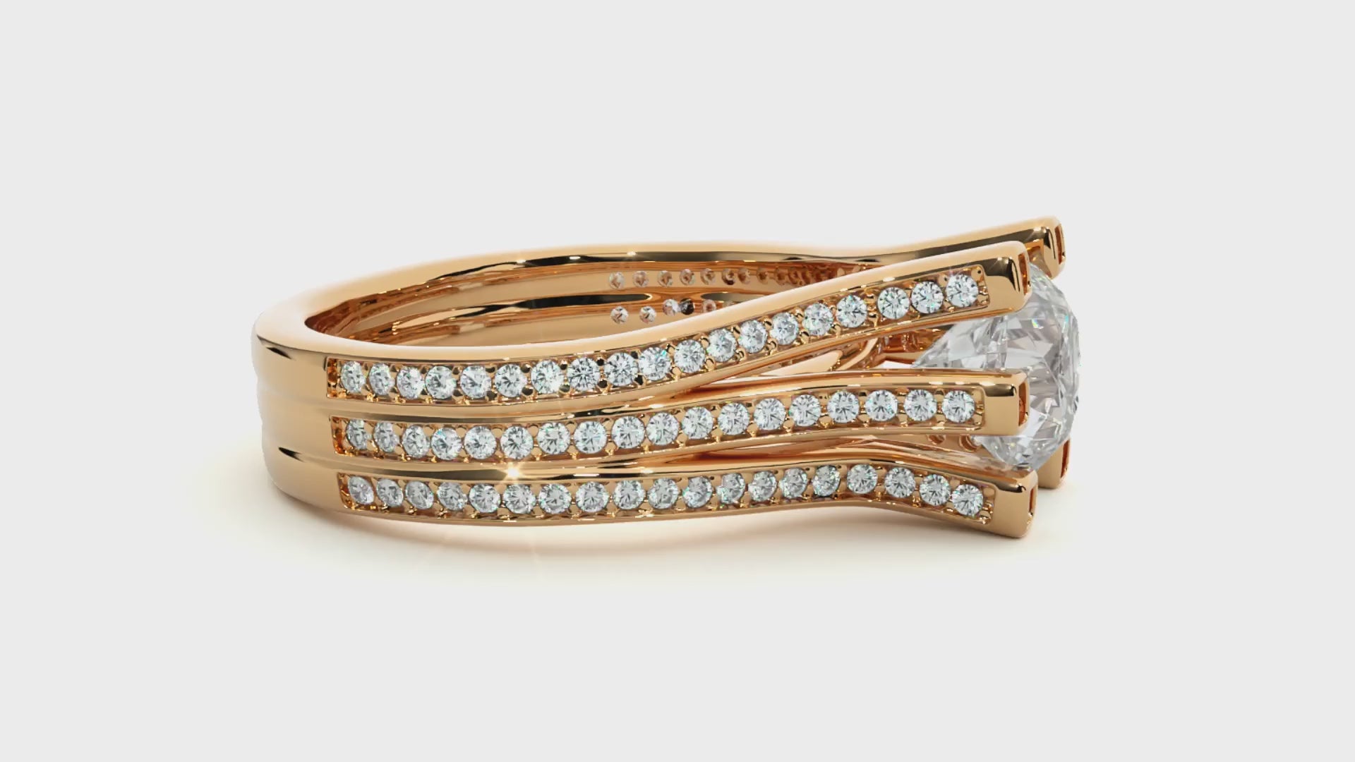Round Brilliant Diamond Split Shank Bridal Ring Set in Solid Yellow Gold | Pavé Diamond Multi-Band Engagement Ring | Luxury Wedding Ring for Her