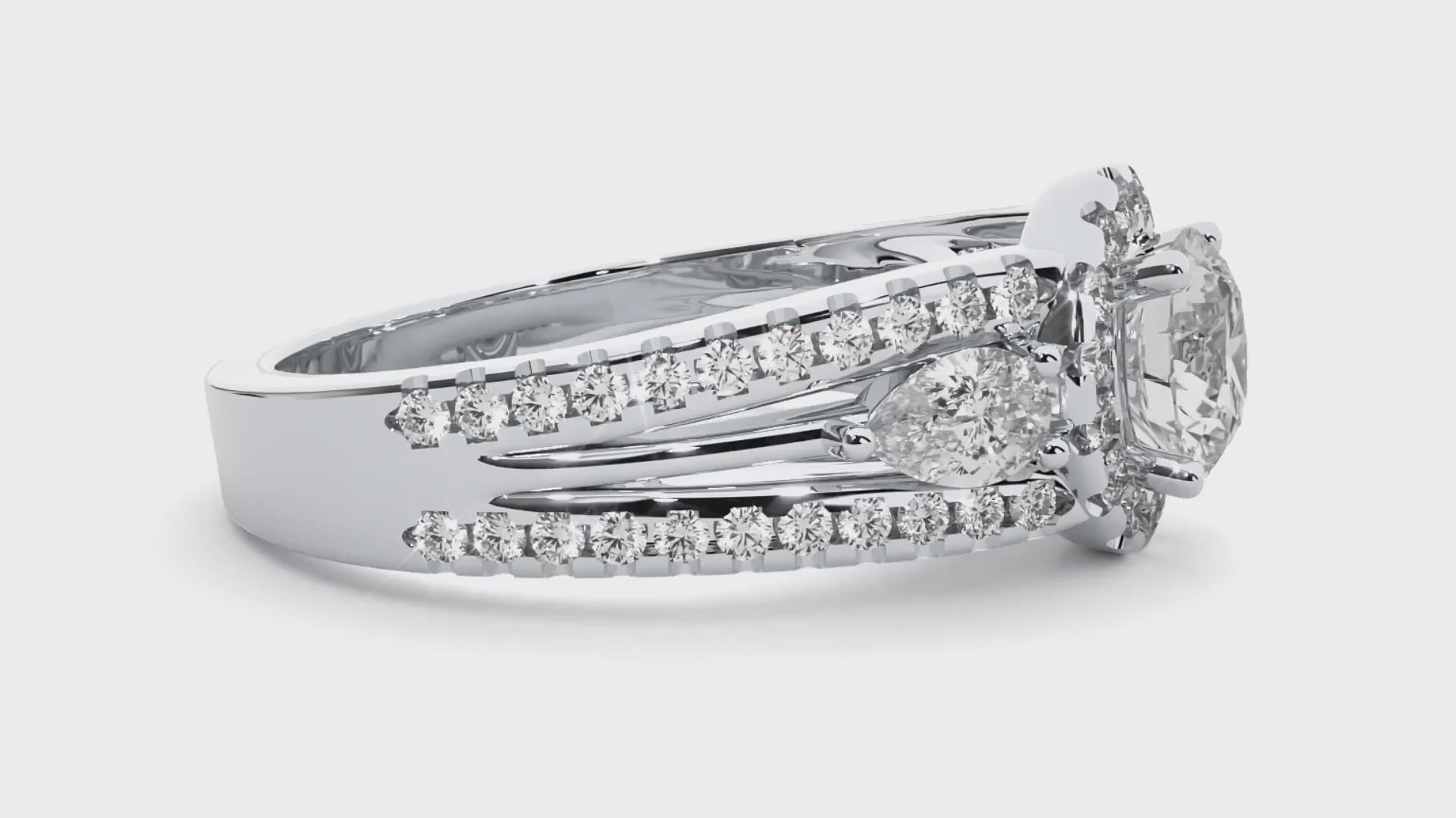 Round Halo Diamond Pear Side Stone Split Shank Engagement Ring in Solid Yellow Gold