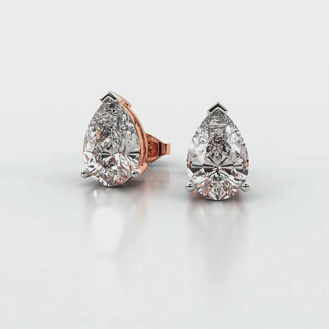 Three Prong Pear Diamond Stud Earrings