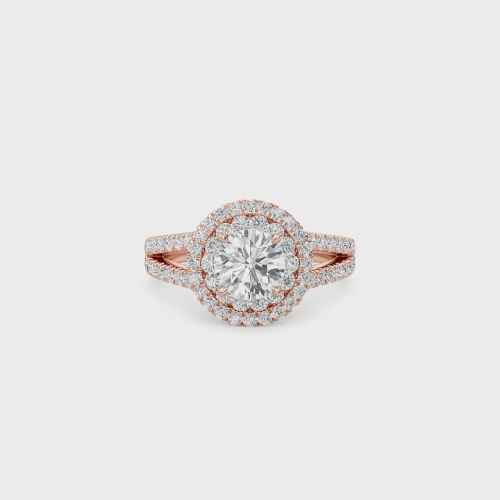 Round Double Halo Diamond Engagement Ring | Solid Yellow Gold | Pavé Split Shank | Classic Halo Setting