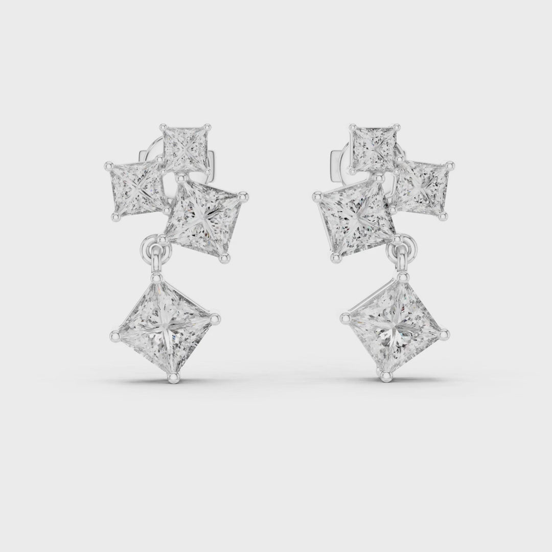 Crest Cluster Princess Diamond Dangle Earrings