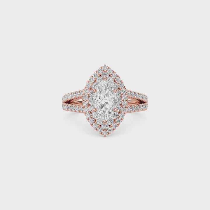 Marquise Cut Double Halo Diamond Engagement Ring | Solid Yellow Gold | Pavé Split Shank | Vintage Halo Ring