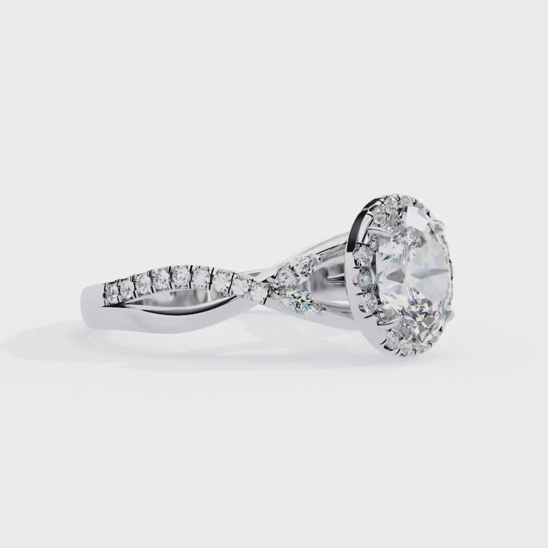 Oval Halo Diamond Engagement Ring | Solid Yellow Gold | Twisted Pavé Band | Marquise Accent Diamonds