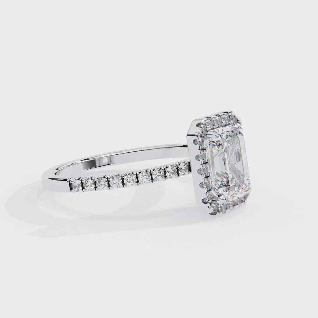 Emerald Cut Halo Diamond Engagement Ring with Pavé Band in Yellow Gold