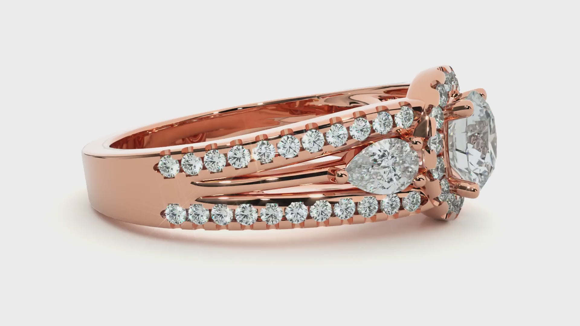 Round Halo Diamond Pear Side Stone Split Shank Engagement Ring in Solid Yellow Gold