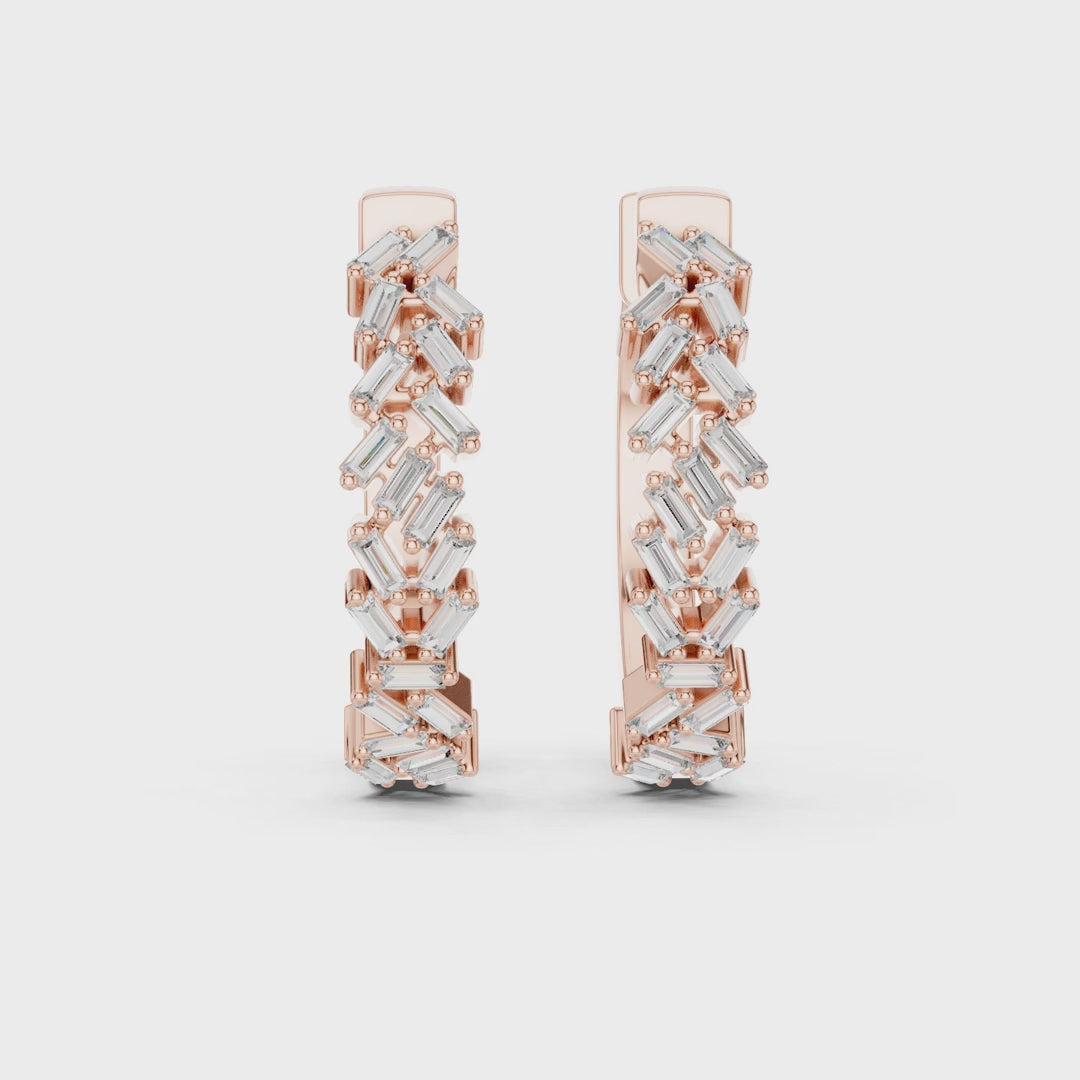 Chevron Baguette Emerald Diamond Hoop Earrings