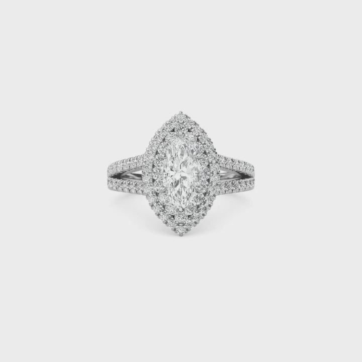Marquise Cut Double Halo Diamond Engagement Ring | Solid Yellow Gold | Pavé Split Shank | Vintage Halo Ring