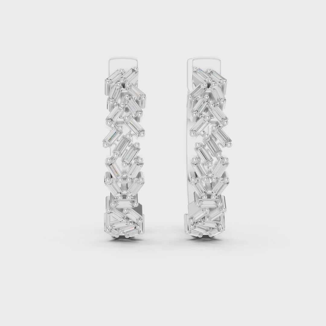 Chevron Baguette Emerald Diamond Hoop Earrings