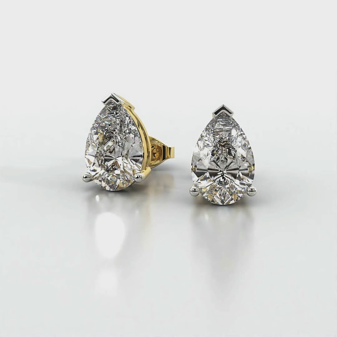 Three Prong Pear Diamond Stud Earrings