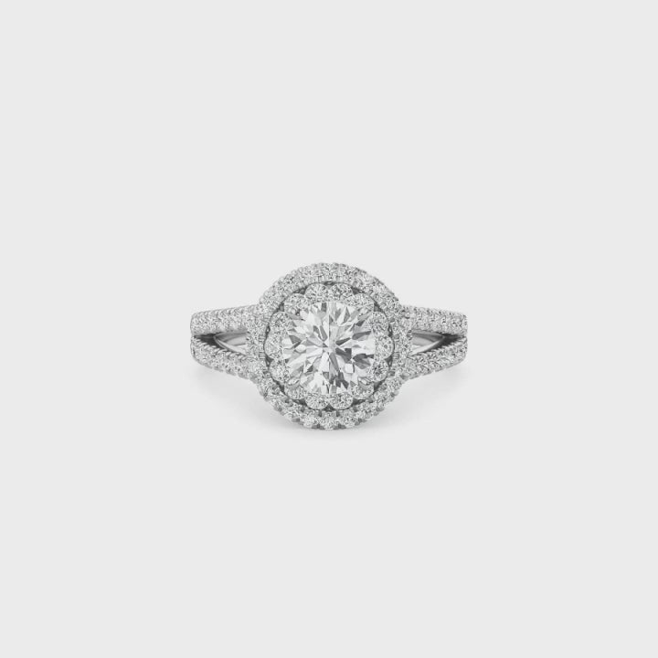 Round Double Halo Diamond Engagement Ring | Solid Yellow Gold | Pavé Split Shank | Classic Halo Setting
