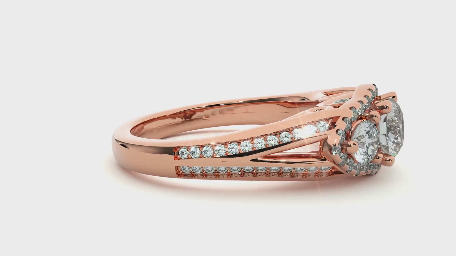 Round Three Stone Halo Diamond Engagement Ring | Solid Yellow Gold | Split Shank Pavé Band | Classic Bridal Ring