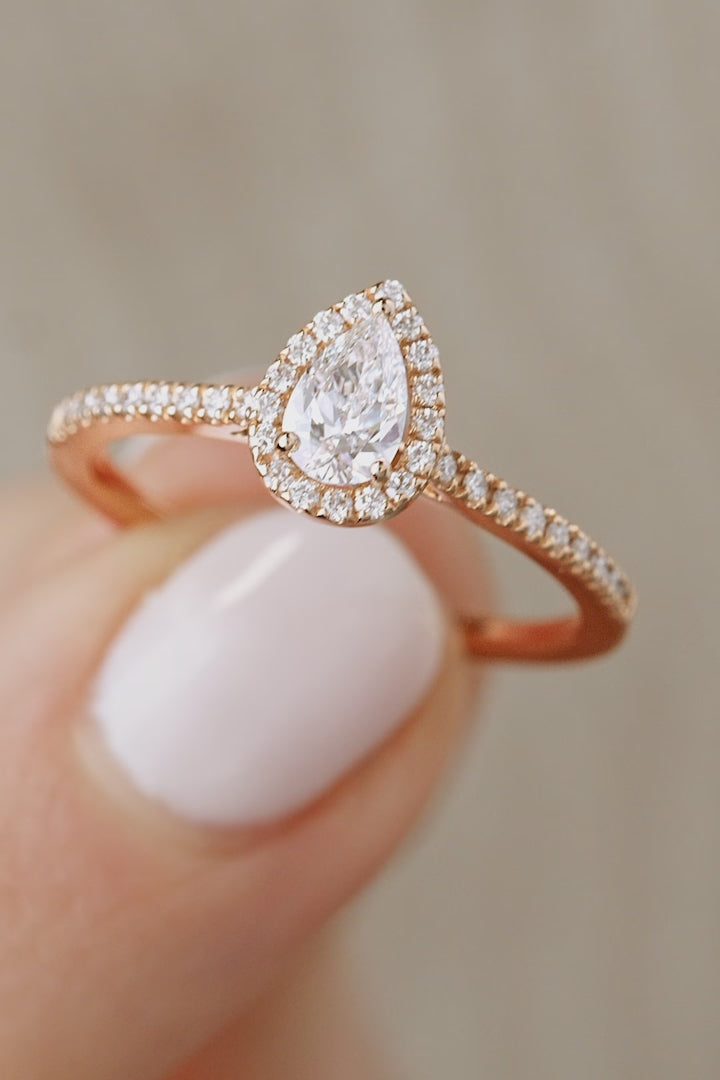 Pear Cut Halo Pavé Shoulder Engagement Ring in Rose Gold