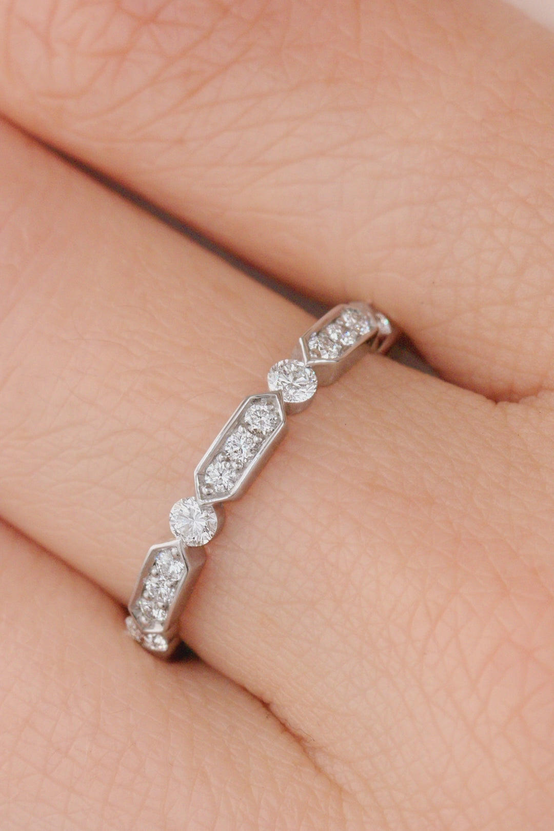 Geometric Hexagon Diamond Half Eternity Band in White Gold