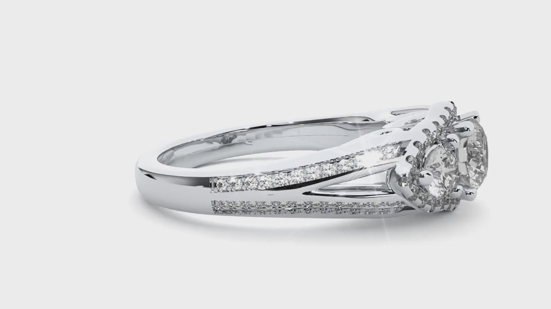 Round Three Stone Halo Diamond Engagement Ring | Solid Yellow Gold | Split Shank Pavé Band | Classic Bridal Ring