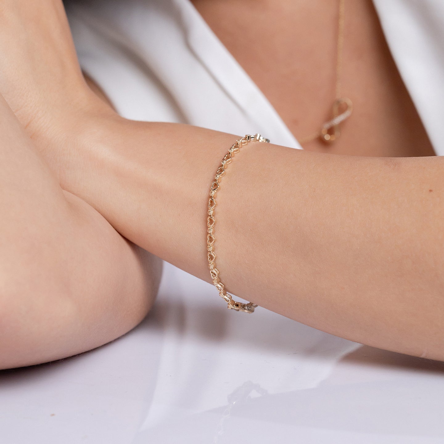 Three Stone Diamond And Heart Stackable Bracelet