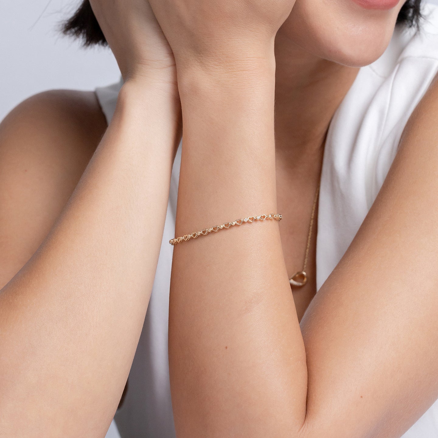 Three Stone Diamond And Heart Stackable Bracelet