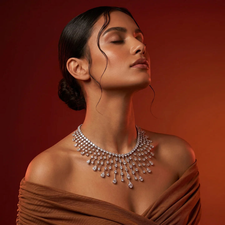 Royal Cascade Diamond CZ Waterfall Bib Necklace in White Gold / Sterling Silver