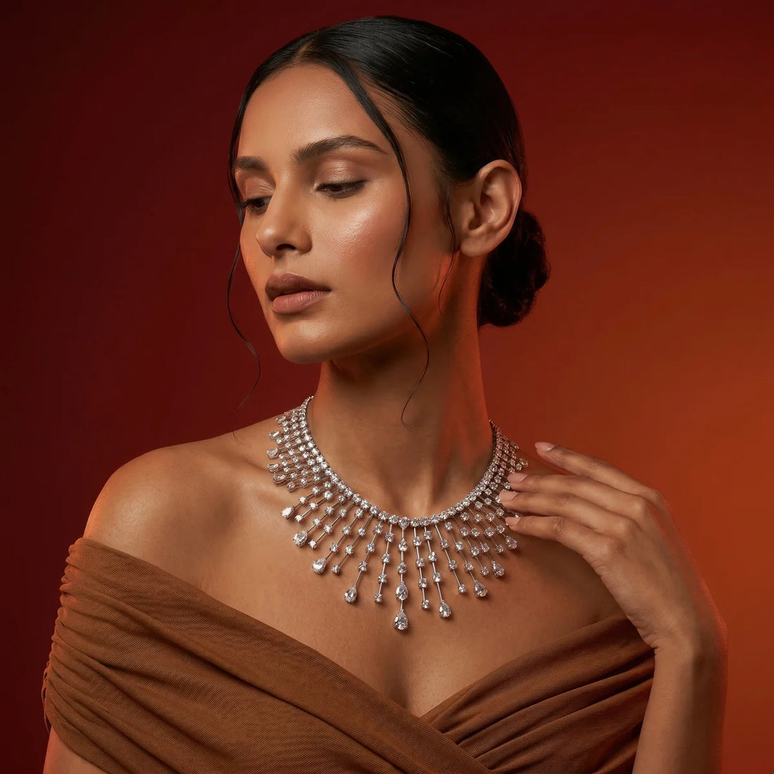 Royal Cascade Diamond CZ Waterfall Bib Necklace in White Gold / Sterling Silver
