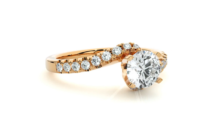 Twisted Round Brilliant Diamond Solitaire Engagement Ring | Solid Yellow Gold | Pavé Diamond Crossover Band | Four-Prong Setting | Gift for Her