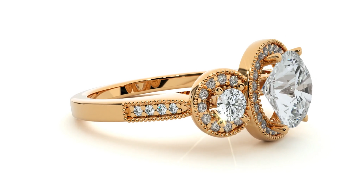 Vintage Three Stone Round Diamond Halo Engagement Ring | Solid Yellow Gold | Milgrain Diamond Ring | Classic Bridal Jewelry | Gift for Her